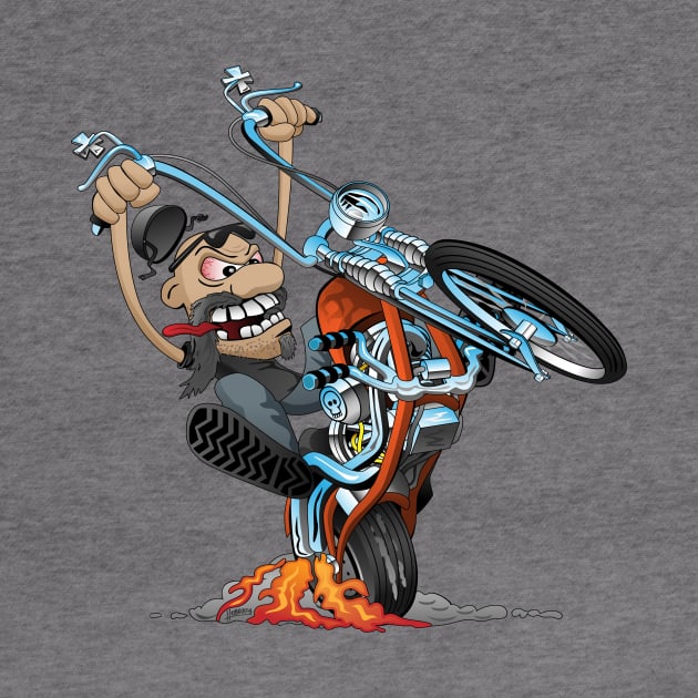 Funny biker riding a chopper, popping a wheelie motorcycle cartoon by hobrath